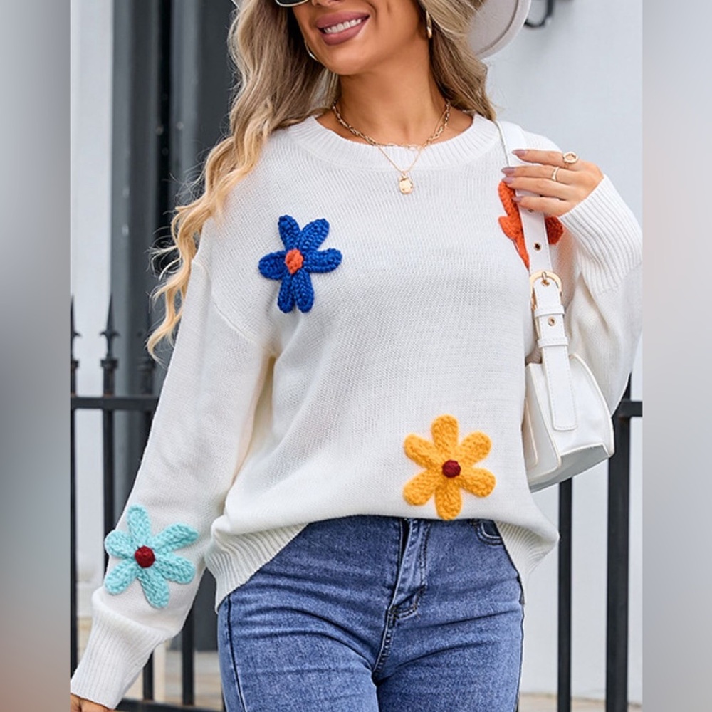 Crochet Flower Round Neck Sweater - Picture 1 of 6
